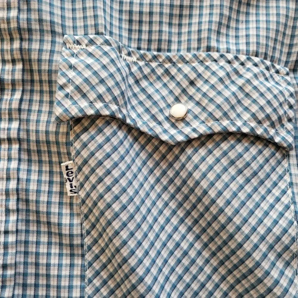 Levi Strauss & Co Vintage 1970s Pearl Snap Button Down Shirt Blue Plaid Size Med